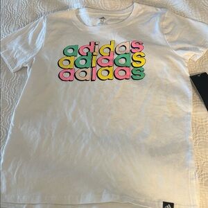 Adidas Kids Tee White with Pink, Yellow, and Green Graphic